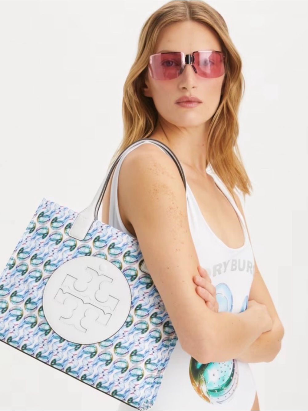 Tory Burch Ella White Leather Tote with Blue-Green Swan Pattern and Earrings NWT - Picture 3 of 14